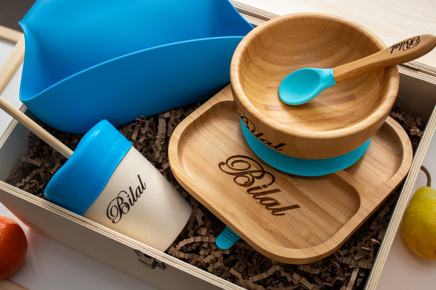Personalised Wooden Tiny Dining Bamboo Plate, Bowl, Spoon And Babba Box Silicon Blue Bib and Cup - Blue | Babba box.