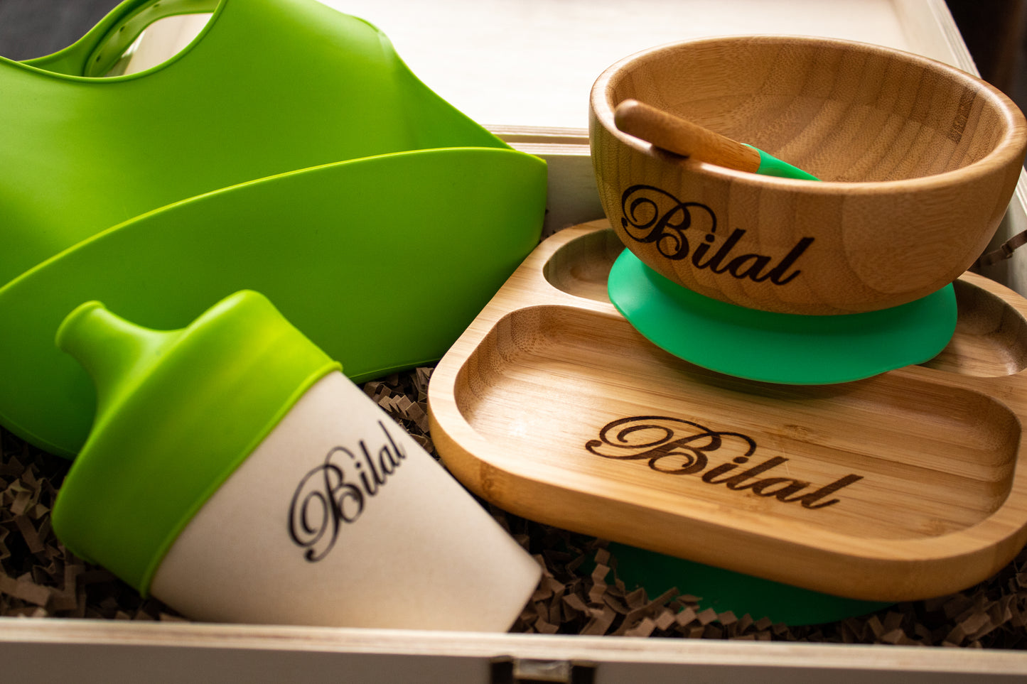 Personalised Wooden Tiny Dining Bamboo Plate, Bowl, Spoon And Babba Box Silicon Green Bib and Cup - Green | Babba box.