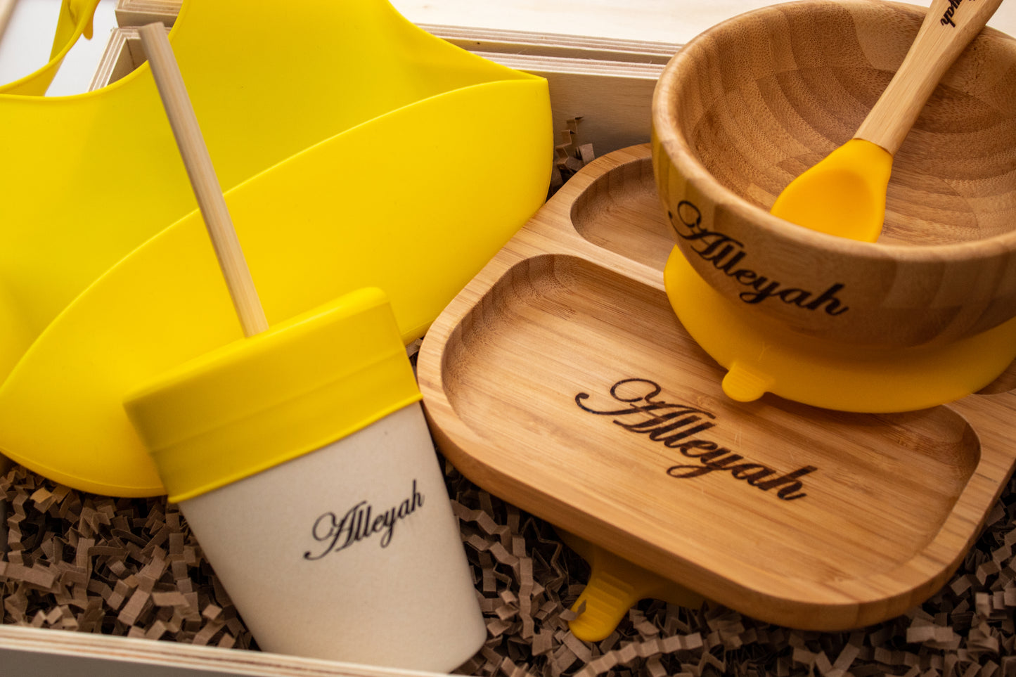 Personalised Wooden Tiny Dining Bamboo Plate, Bowl, Spoon And Babba Box Silicon Yellow Bib and Cup - Yellow | Babba box.