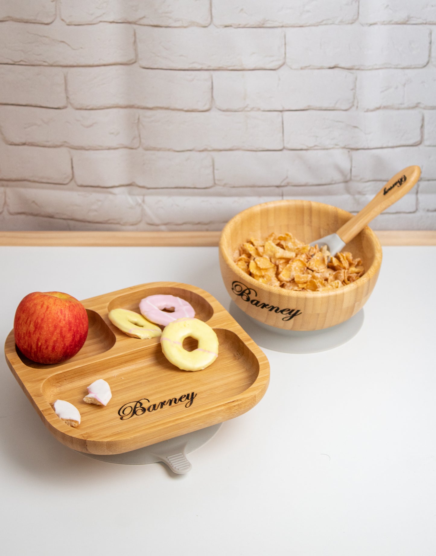 Personalised Wooden Tiny Dining Plate, Bowl & Spoon set - Grey | Babba box.