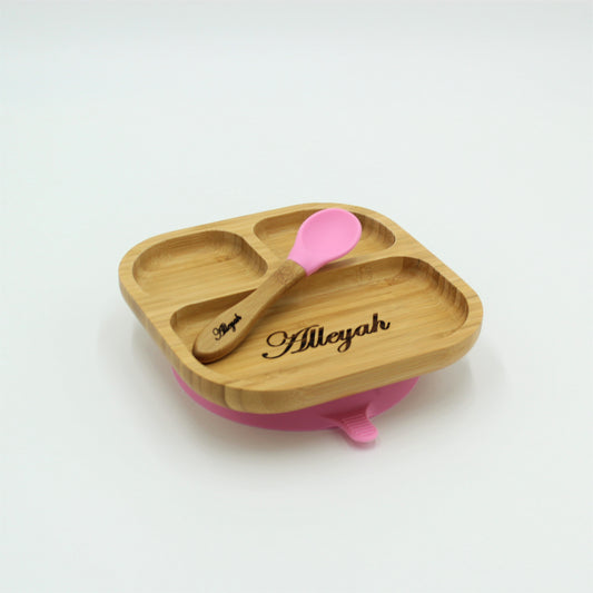 Personalised Wooden Tiny Dining Bamboo Plate with suction cup and Spoon - Pink - By Babba Box | Babba box.