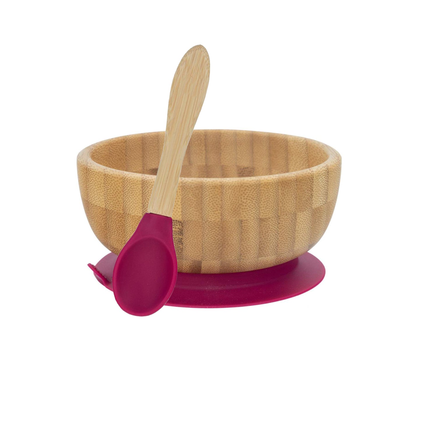 Personalised Wooden Tiny Dining Bamboo Bowl with suction cup and Spoon- Majenta Red - By Babba Box | Babba box.