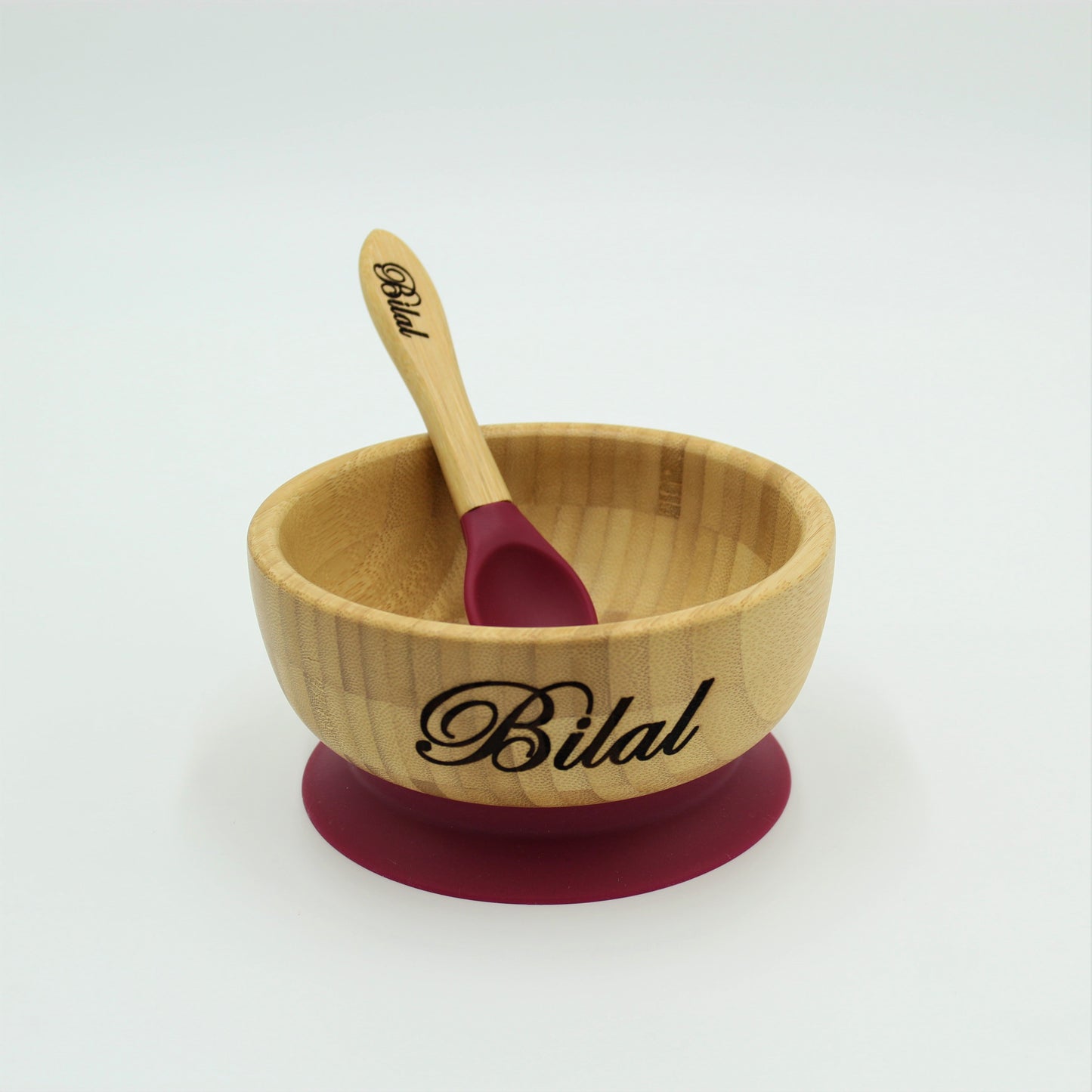 Personalised Wooden Tiny Dining Bamboo Bowl with suction cup and Spoon- Majenta Red - By Babba Box | Babba box.