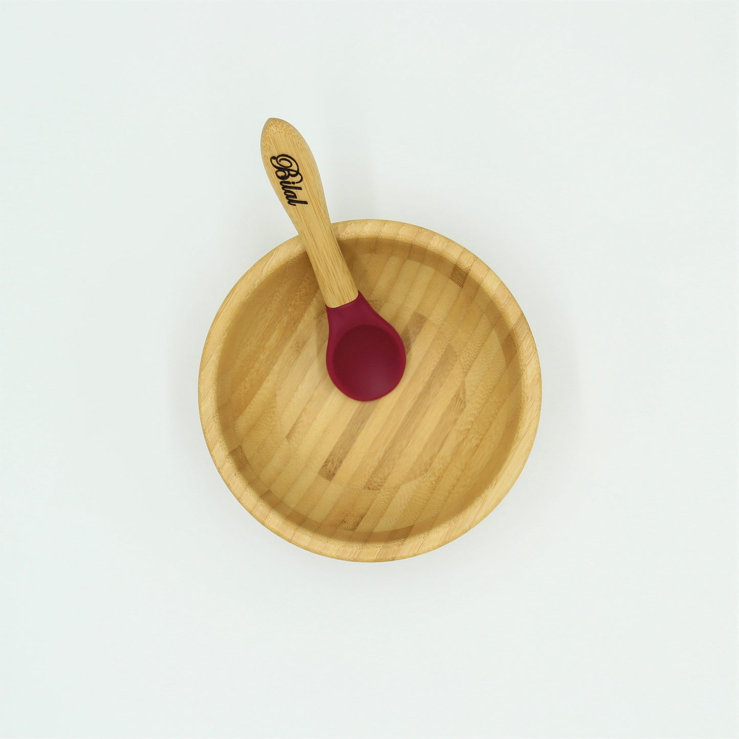 Personalised Wooden Tiny Dining Bamboo Bowl with suction cup and Spoon- Majenta Red - By Babba Box | Babba box.