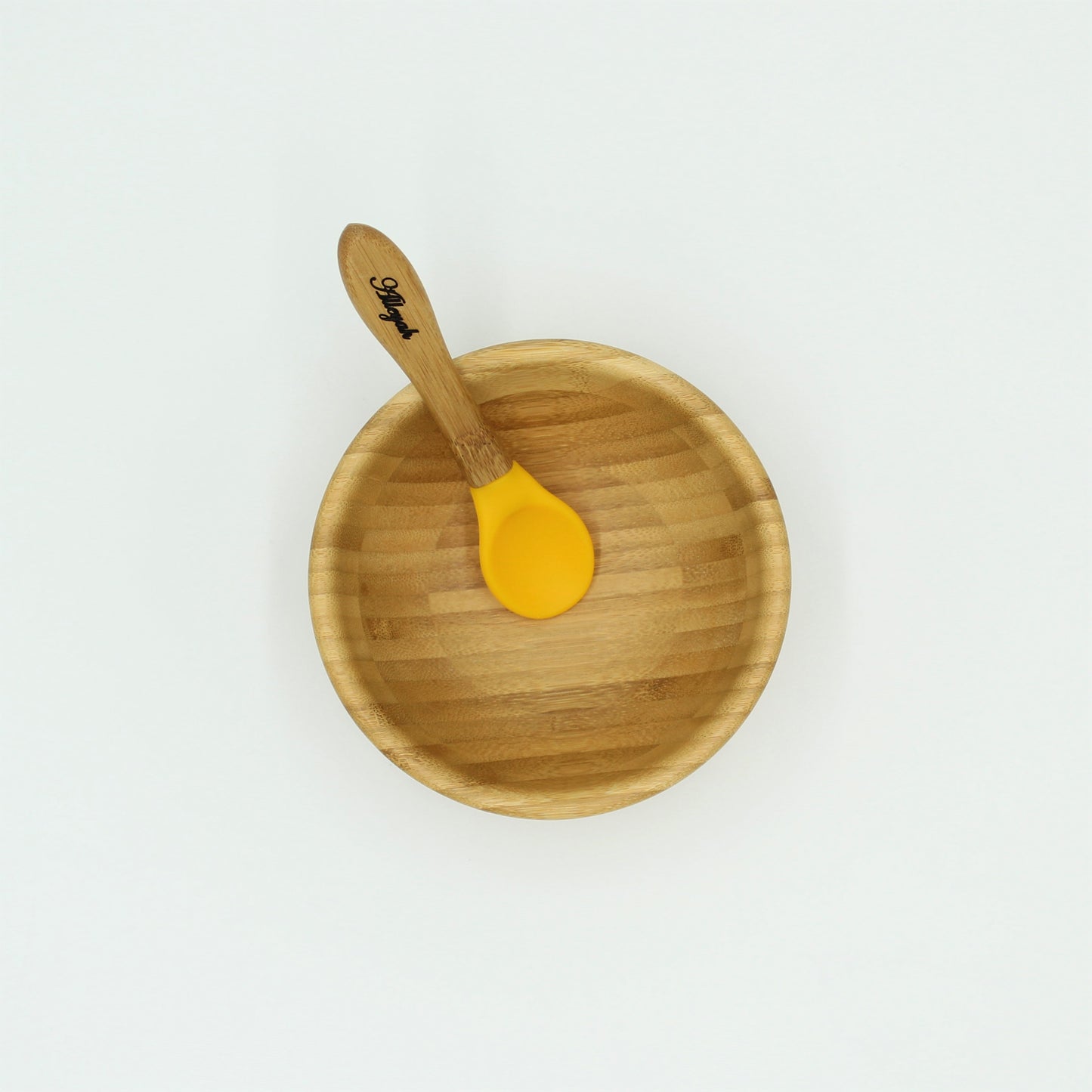 Personalised Wooden Tiny Dining Bamboo Bowl with suction cup and Spoon - Yellow - By Babba Box | Babba box.