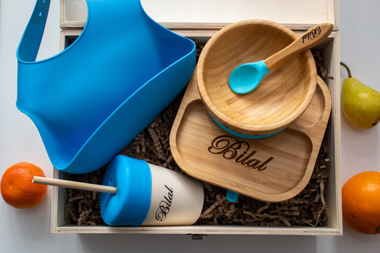 Personalised Wooden Tiny Dining Bamboo Plate, Bowl, Spoon And Babba Box  Silicon Blue Bib and Cup  - Blue | Babba box.