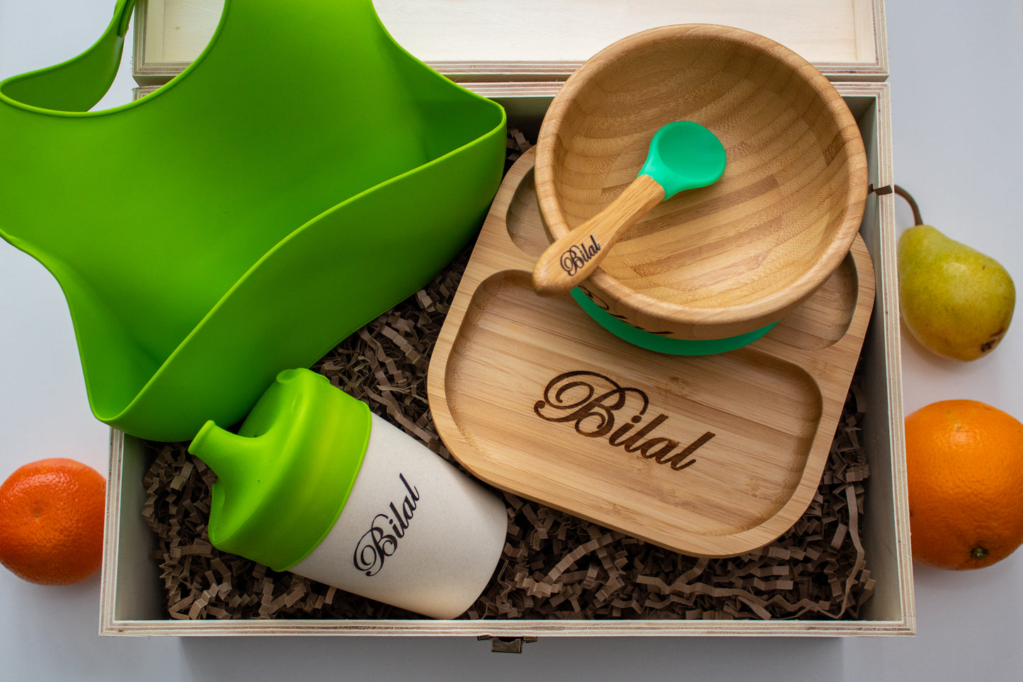 Personalised Wooden Tiny Dining Bamboo Plate, Bowl, Spoon And Babba Box  Silicon Green Bib and Cup - Green | Babba box.
