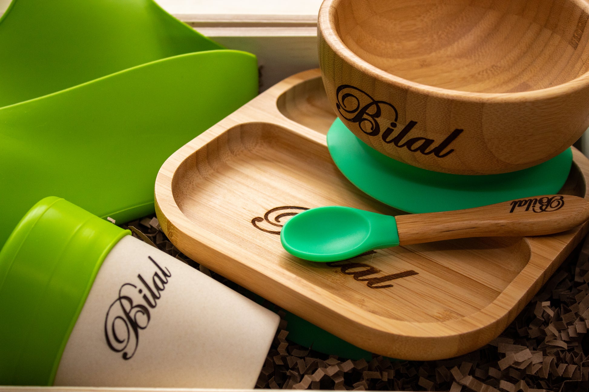 Personalised Wooden Tiny Dining Bamboo Plate, Bowl, Spoon And Babba Box  Silicon Green Bib and Cup - Green | Babba box.