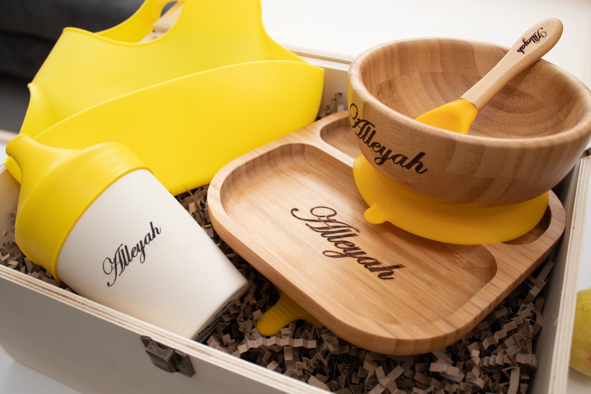 Personalised Wooden Tiny Dining Bamboo Plate, Bowl, Spoon And Babba Box  Silicon Yellow Bib and Cup - Yellow | Babba box.