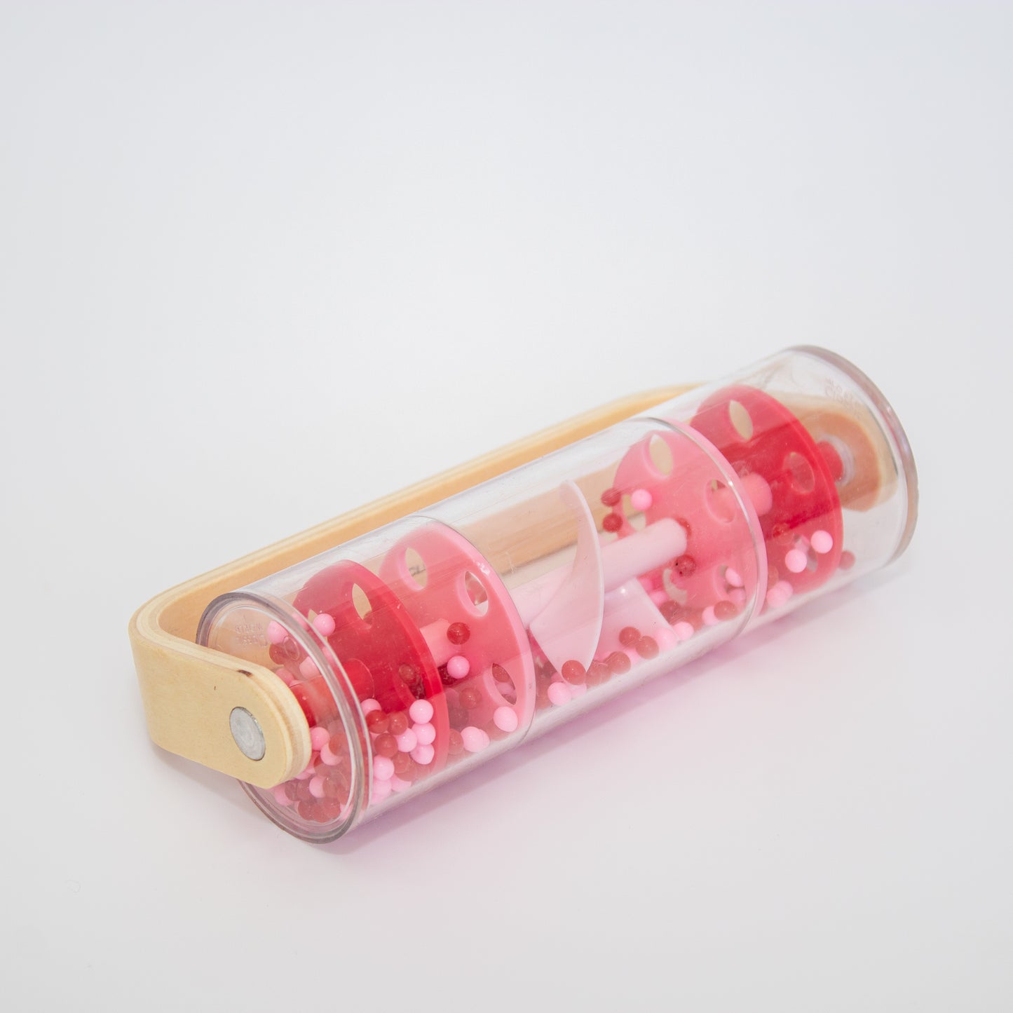Personalised Rainmaker wooden handle rattle Pink | Babba box.