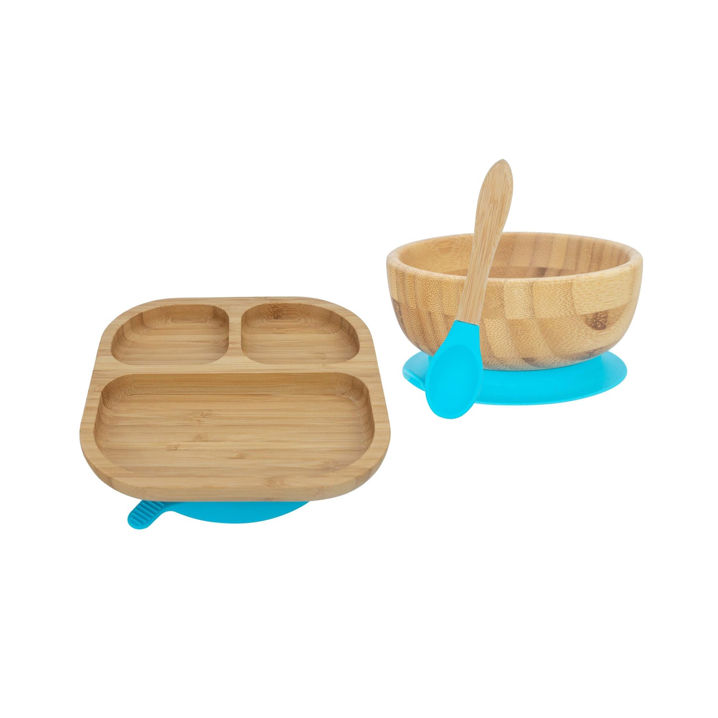 Personalised Wooden Tiny Dining Bamboo Plate, Bowl, and Spoon Set- Blue | Babba box.