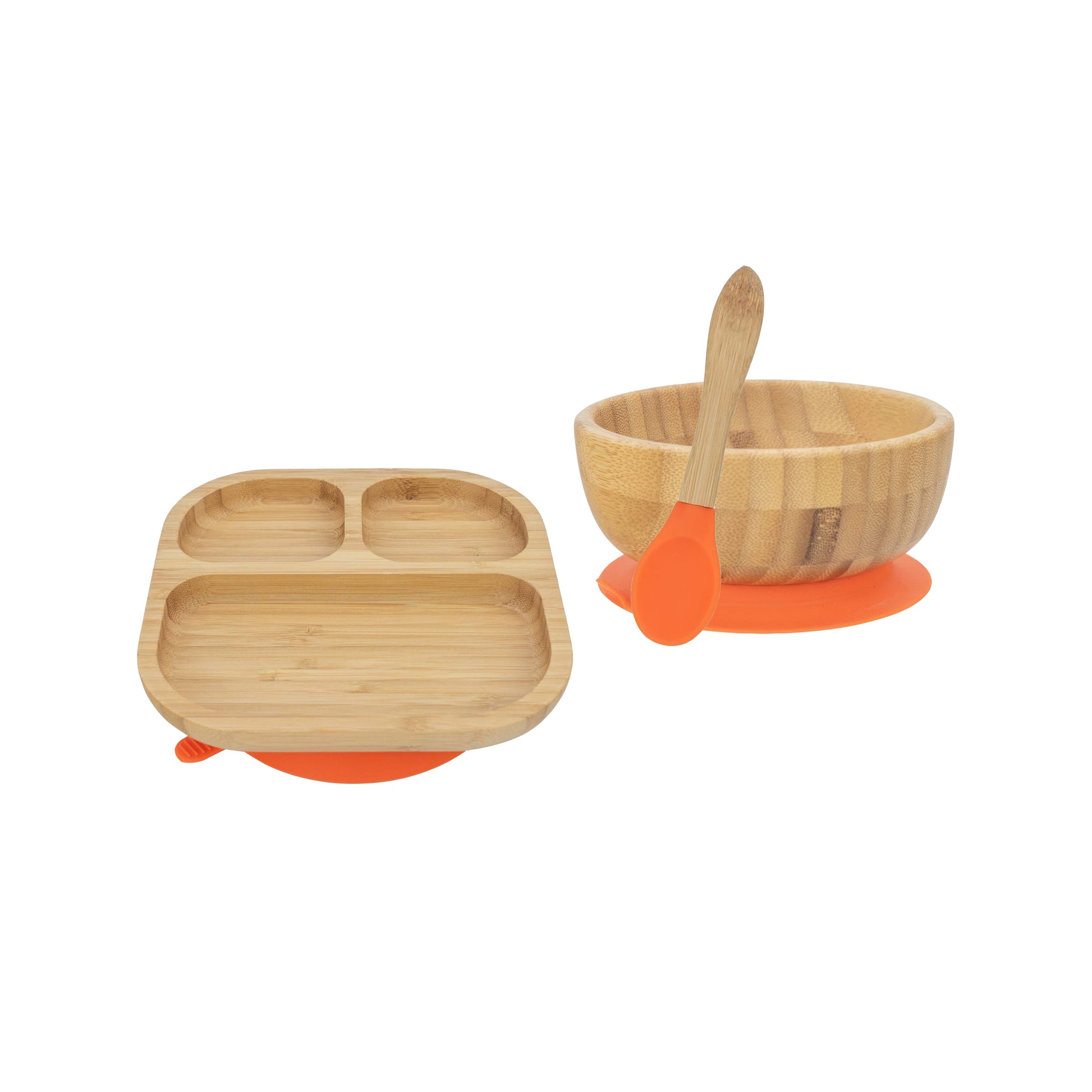 Personalised Wooden Tiny Dining Bamboo Plate, Bowl, and Spoon Set- Orange | Babba box.