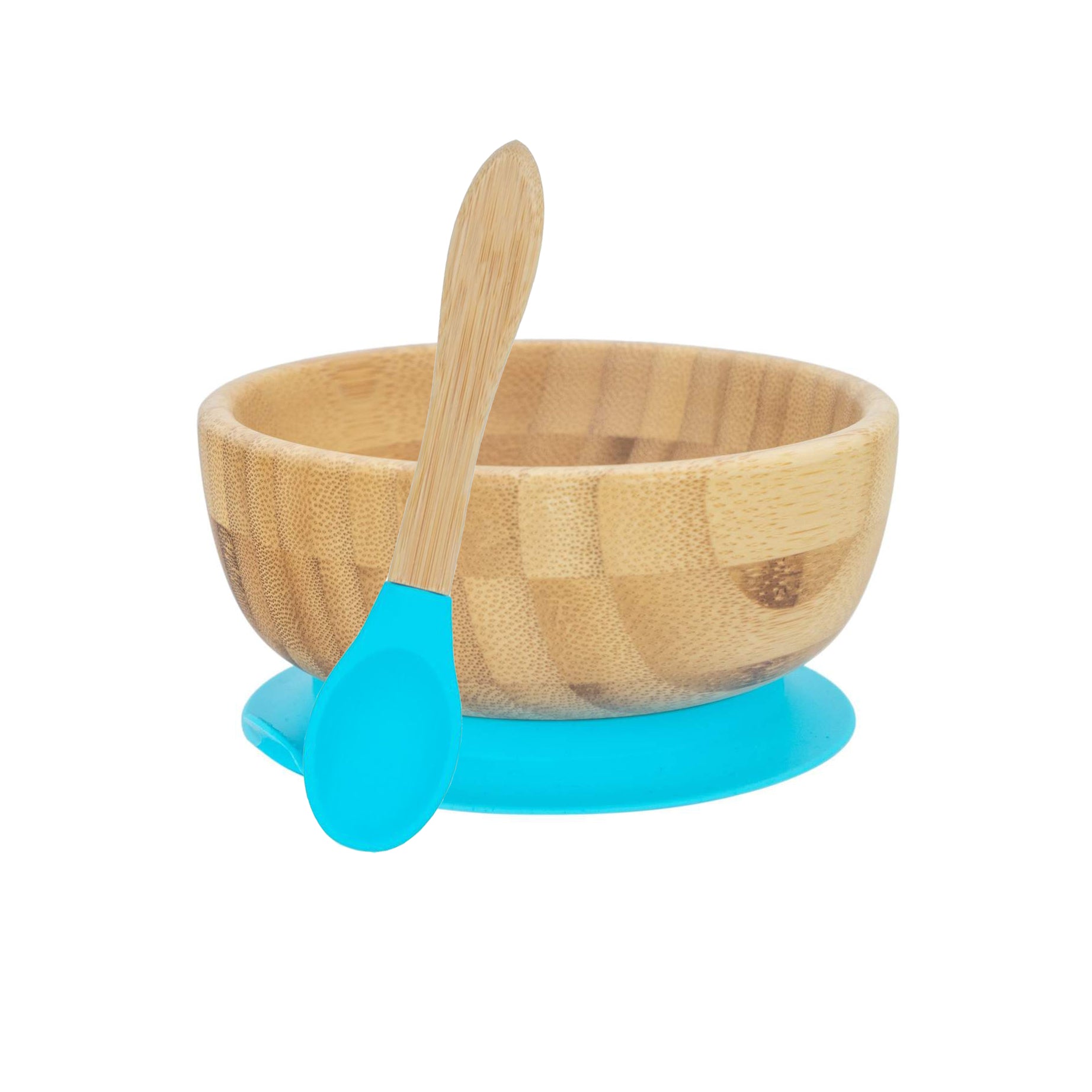 Personalised Wooden Tiny Dining  Bamboo Bowl with suction cup and Spoon - Blue - By Babba Box | Babba box.