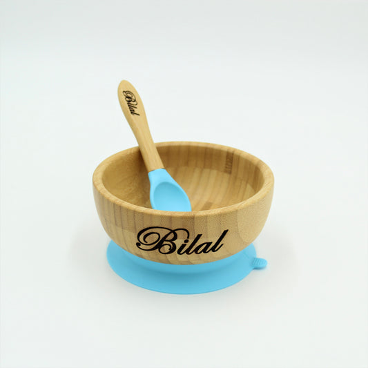 Personalised Wooden Tiny Dining  Bamboo Bowl with suction cup and Spoon - Blue - By Babba Box | Babba box.