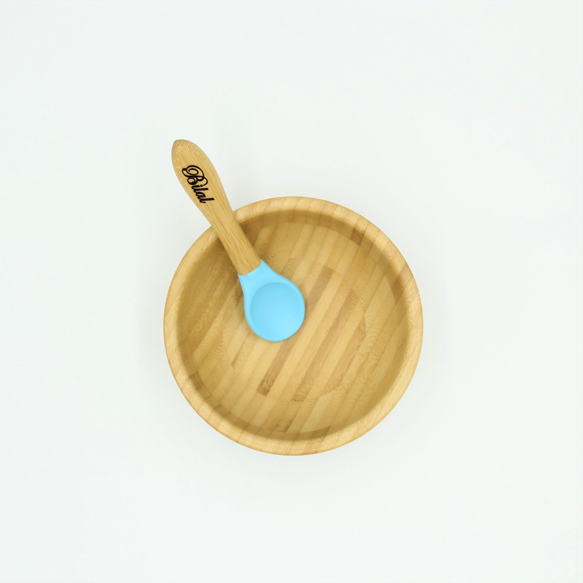 Personalised Wooden Tiny Dining  Bamboo Bowl with suction cup and Spoon - Blue - By Babba Box | Babba box.