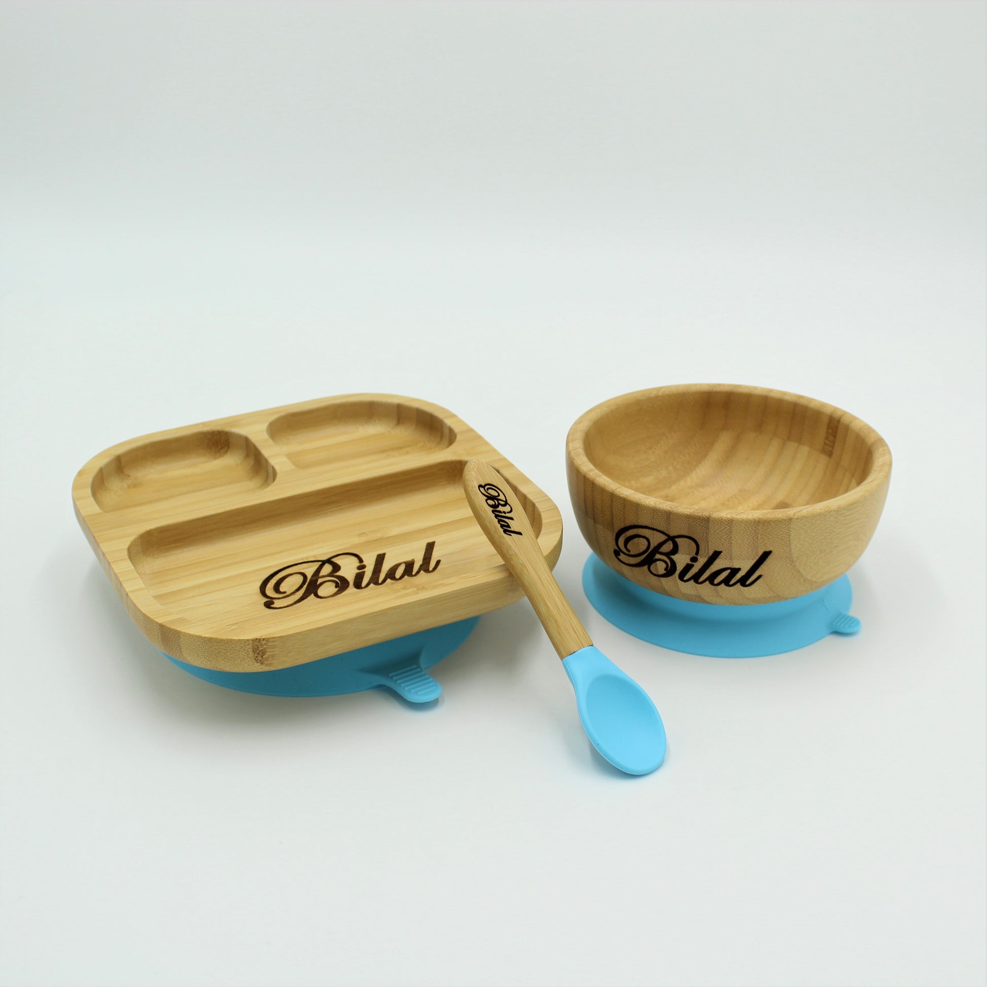 Personalised Wooden Tiny Dining Bamboo Plate, Bowl, and Spoon Set- Blue | Babba box.