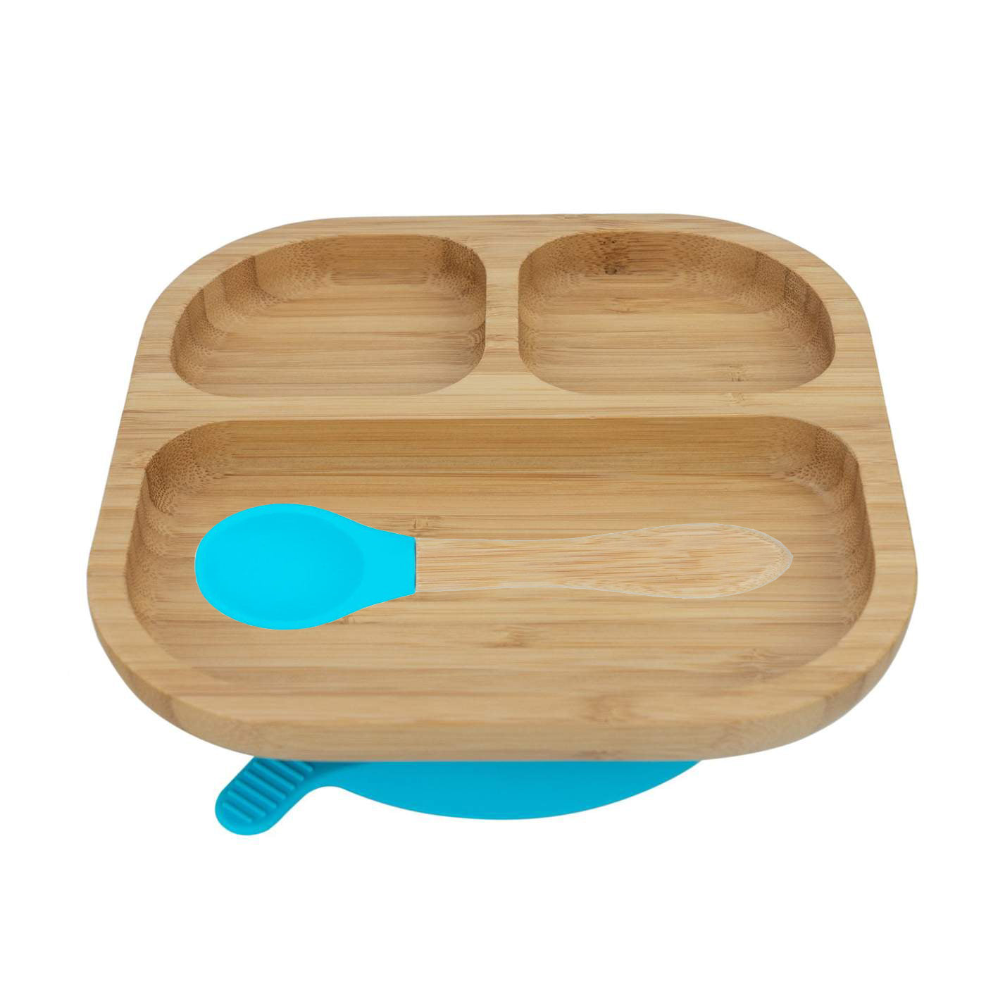 Personalised Wooden Tiny Dining Bamboo Plate with suction cup and Spoon - Blue By Babba Box | Babba box.