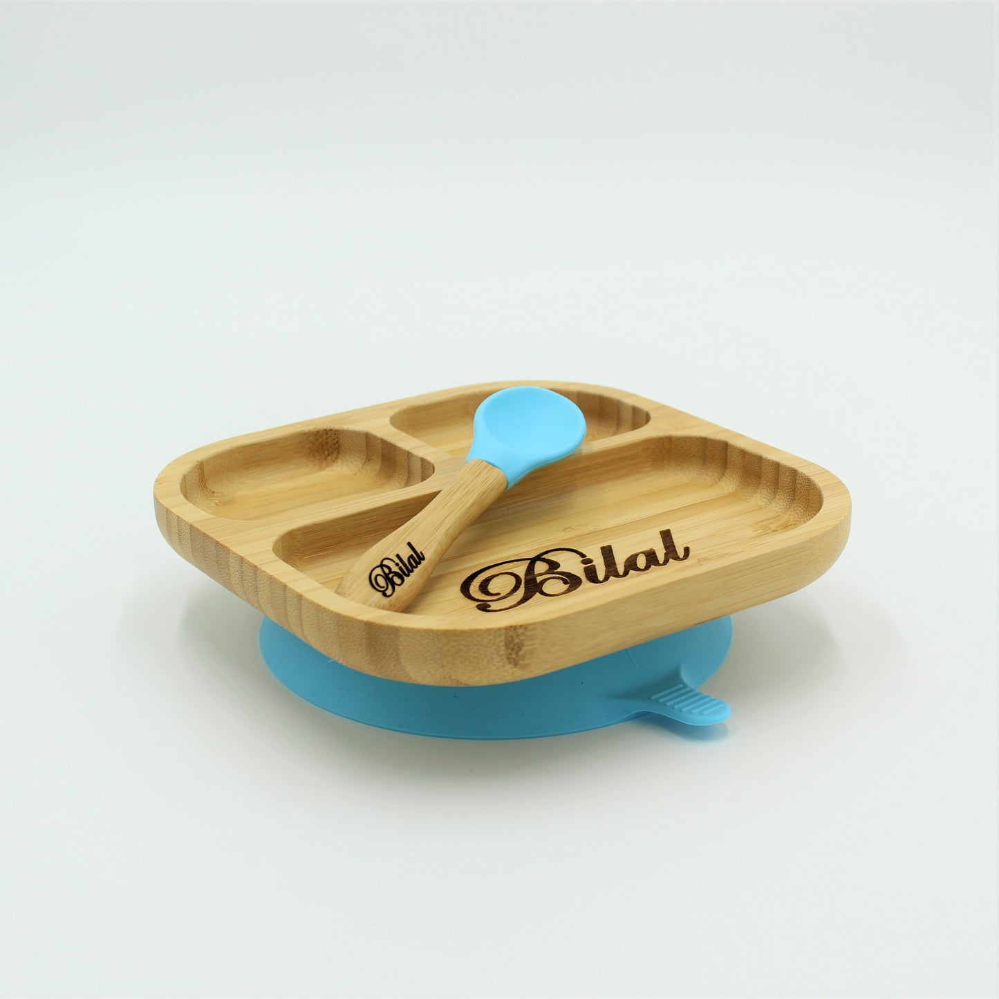 Personalised Wooden Tiny Dining Bamboo Plate with suction cup and Spoon - Blue By Babba Box | Babba box.