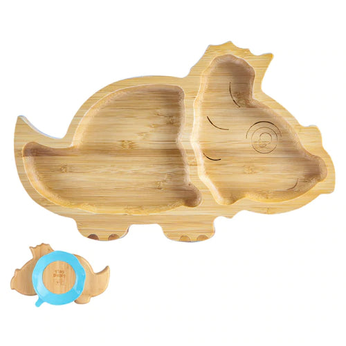 Personalised Dinosaur Wooden Tiny Dining Bamboo Plate & Spoon with suction cup -  By Babba Box | Babba box.