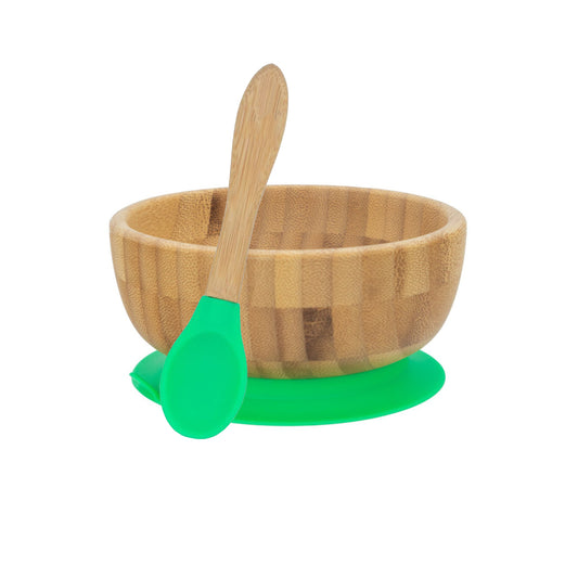 Personalised Wooden Tiny Dining Bamboo Bowl with suction cup and Spoon - Green - By Babba Box | Babba box.