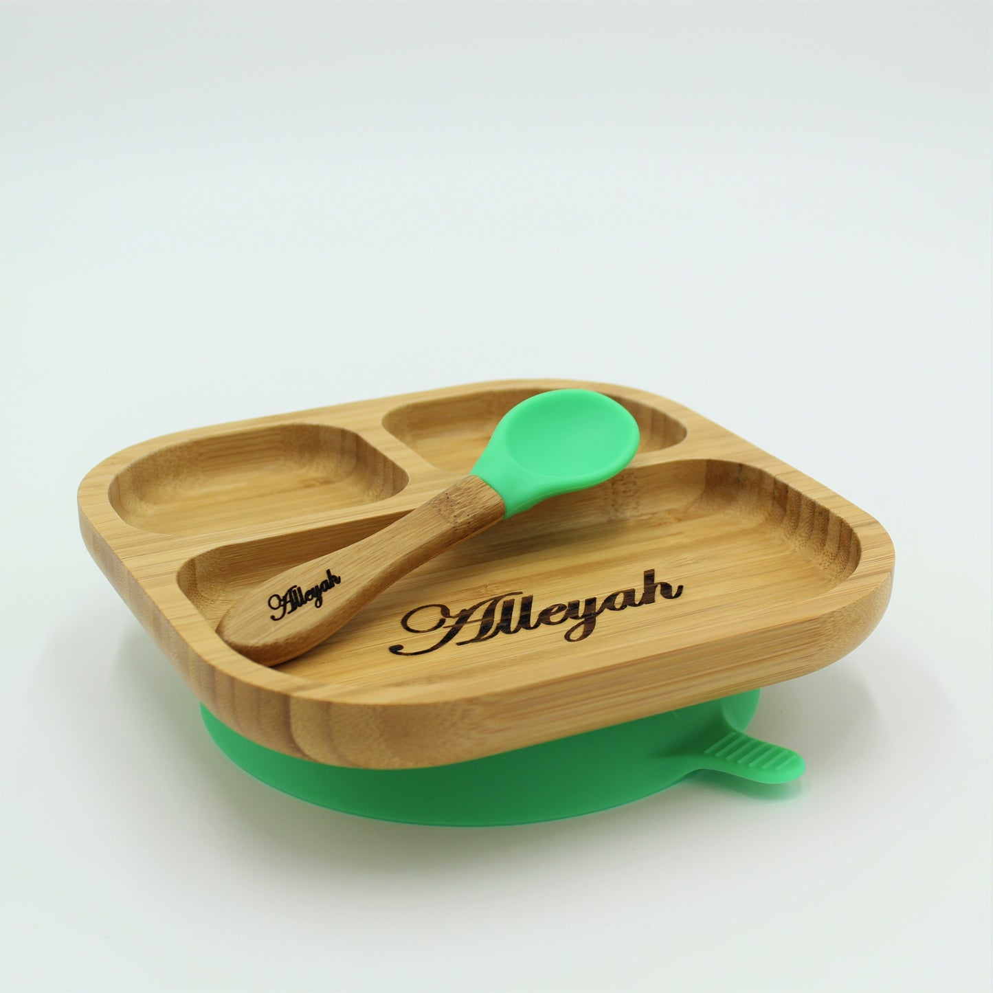 Personalised Wooden Tiny Dining Bamboo Plate with suction cup and Spoon - Green - By Babba Box | Babba box.