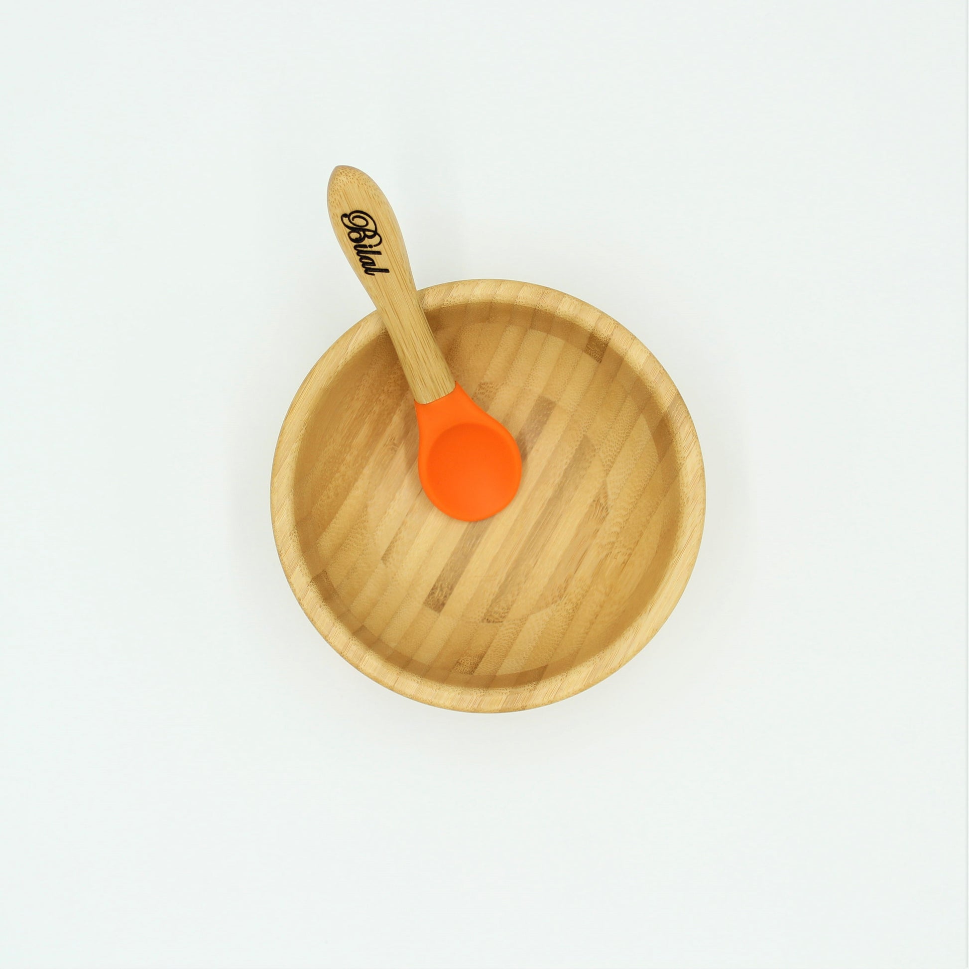Personalised Wooden Tiny Dining  Bamboo Bowl with suction cup and Spoon- Orange - By Babba Box | Babba box.