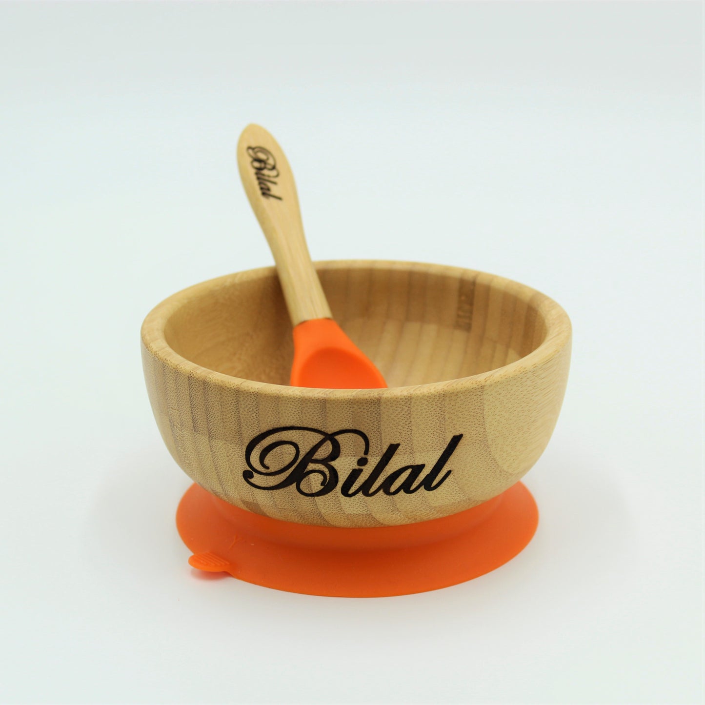 Personalised Wooden Tiny Dining  Bamboo Bowl with suction cup and Spoon- Orange - By Babba Box | Babba box.