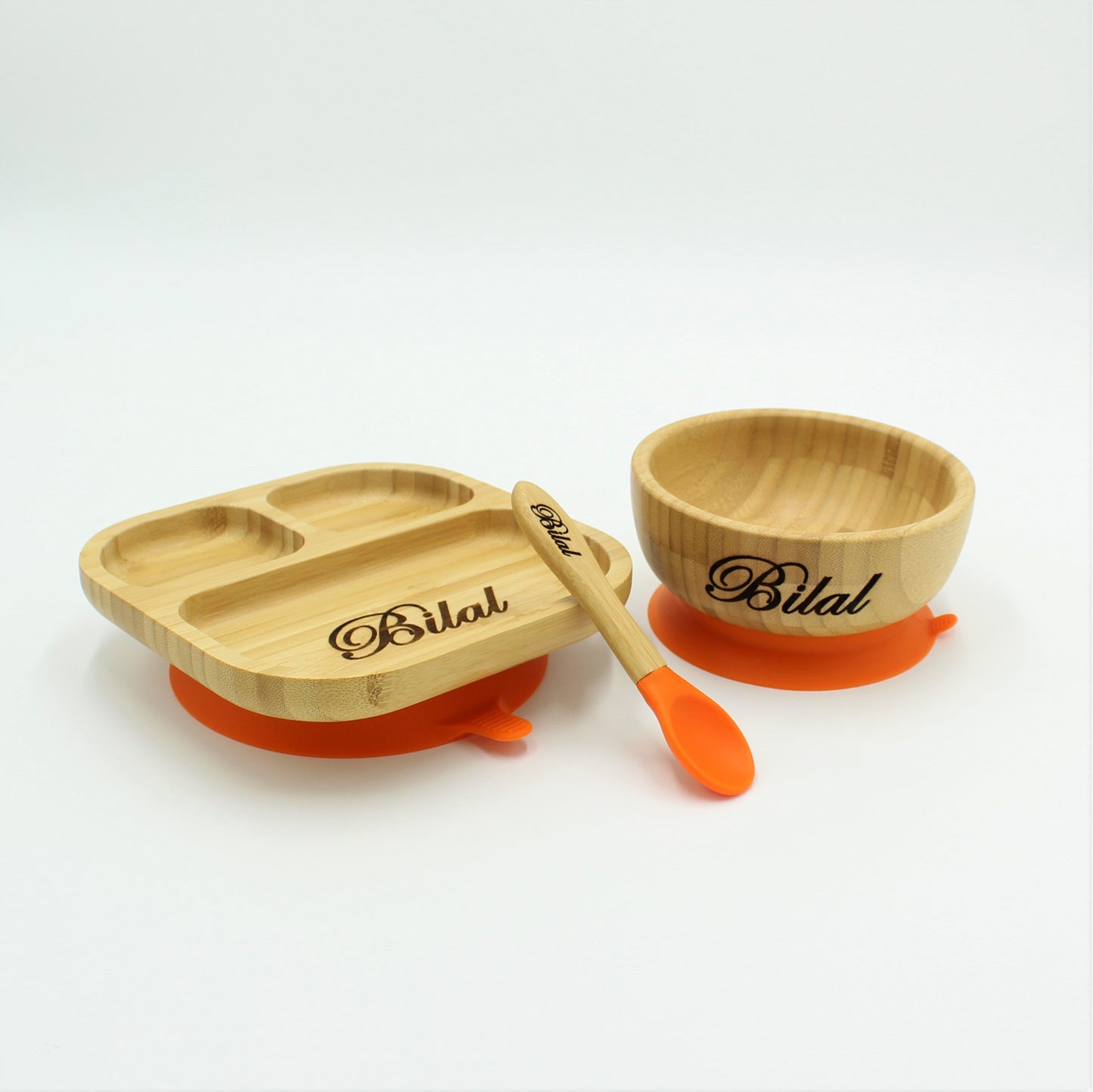 Personalised Wooden Tiny Dining Bamboo Plate, Bowl, and Spoon Set- Orange | Babba box.