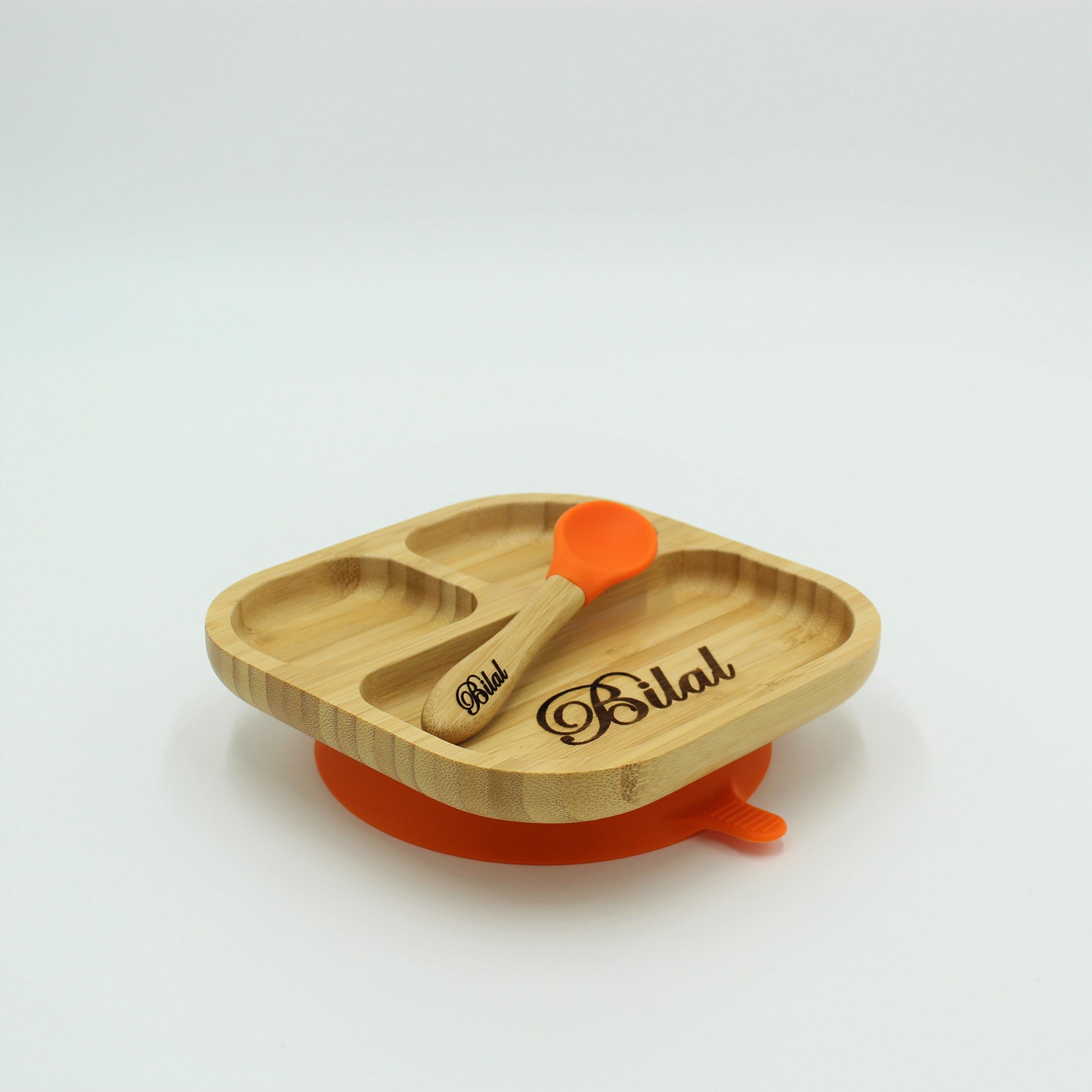 Personalised Wooden Tiny Dining Bamboo Plate with suction cup and Spoon - Orange - By Babba Box | Babba box.