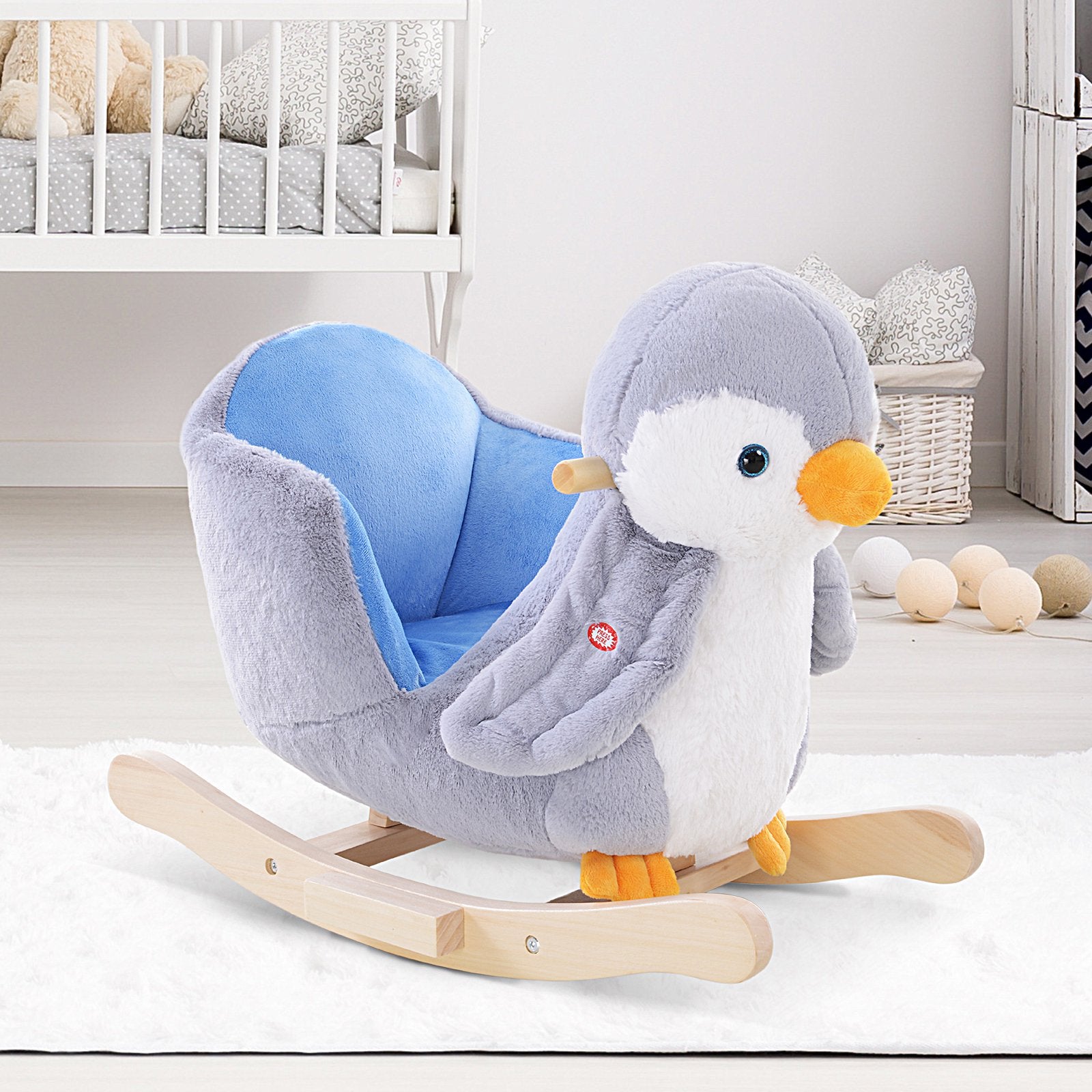 Personalised Rocking Animal Horse Penguin Colourful Plush Musical Button 32 Songs Wide Seat Handlebar Multi coloured | Babba box.