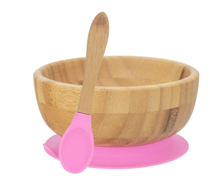 Personalised Wooden Tiny Dining  Bamboo Bowl with suction cup and Spoon - Pink - By Babba Box | Babba box.