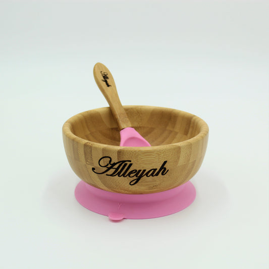 Personalised Wooden Tiny Dining  Bamboo Bowl with suction cup and Spoon - Pink - By Babba Box | Babba box.