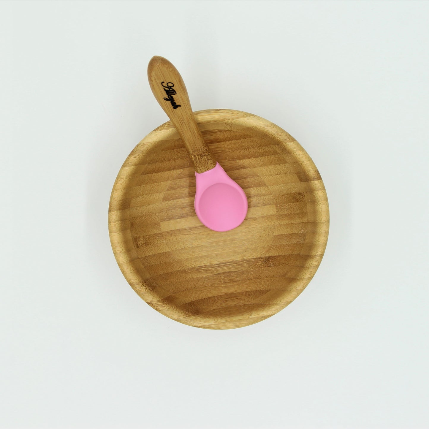 Personalised Wooden Tiny Dining  Bamboo Bowl with suction cup and Spoon - Pink - By Babba Box | Babba box.