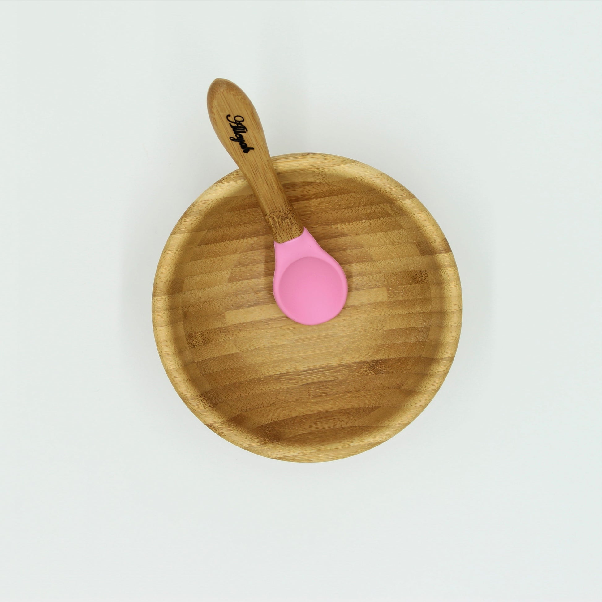 Personalised Wooden Tiny Dining  Bamboo Bowl with suction cup and Spoon - Pink - By Babba Box | Babba box.