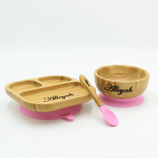 Personalised Wooden Tiny Dining Bamboo Plate, Bowl, and Spoon Set - Pink | Babba box.