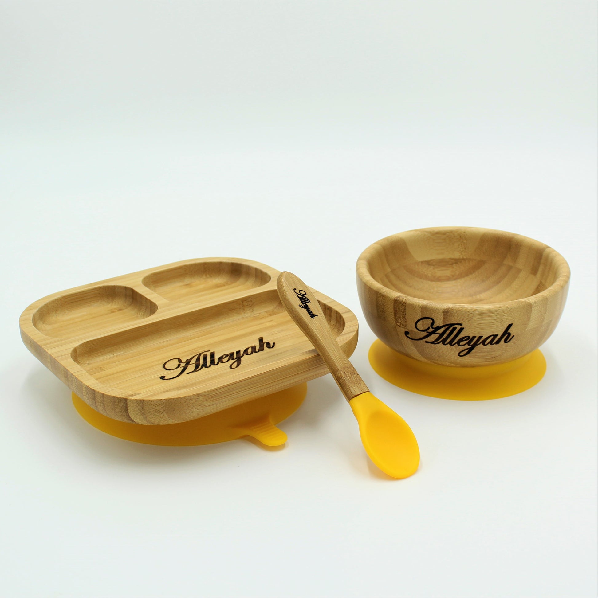 Personalised Wooden Tiny Dining Bamboo Plate, Bowl, and Spoon Set - Yellow | Babba box.