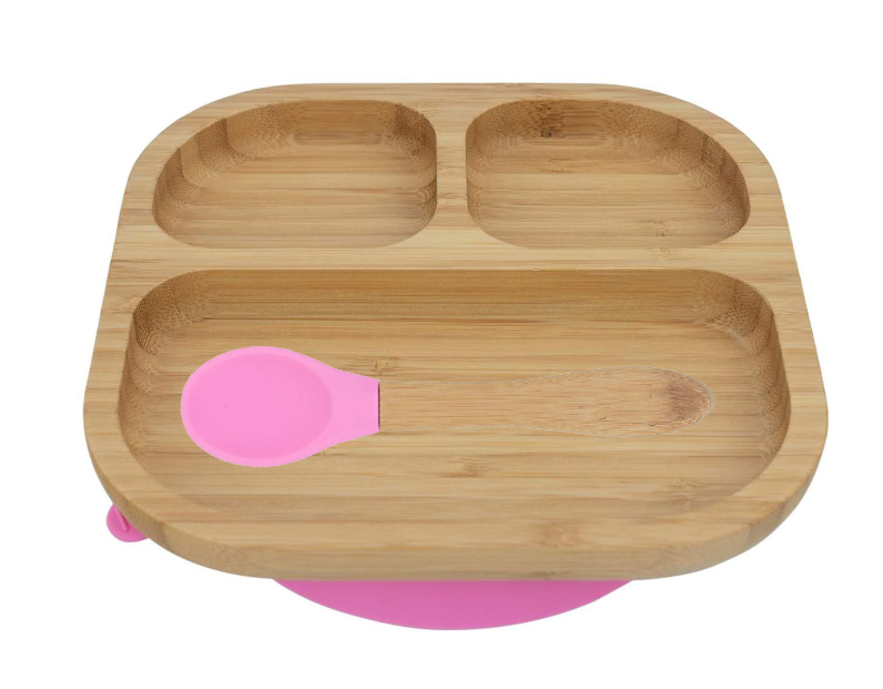 Personalised Wooden Tiny Dining Bamboo Plate with suction cup and Spoon - Pink - By Babba Box | Babba box.