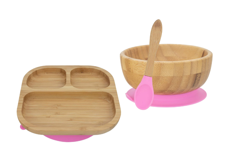 Personalised Wooden Tiny Dining Bamboo Plate, Bowl, and Spoon Set - Pink | Babba box.