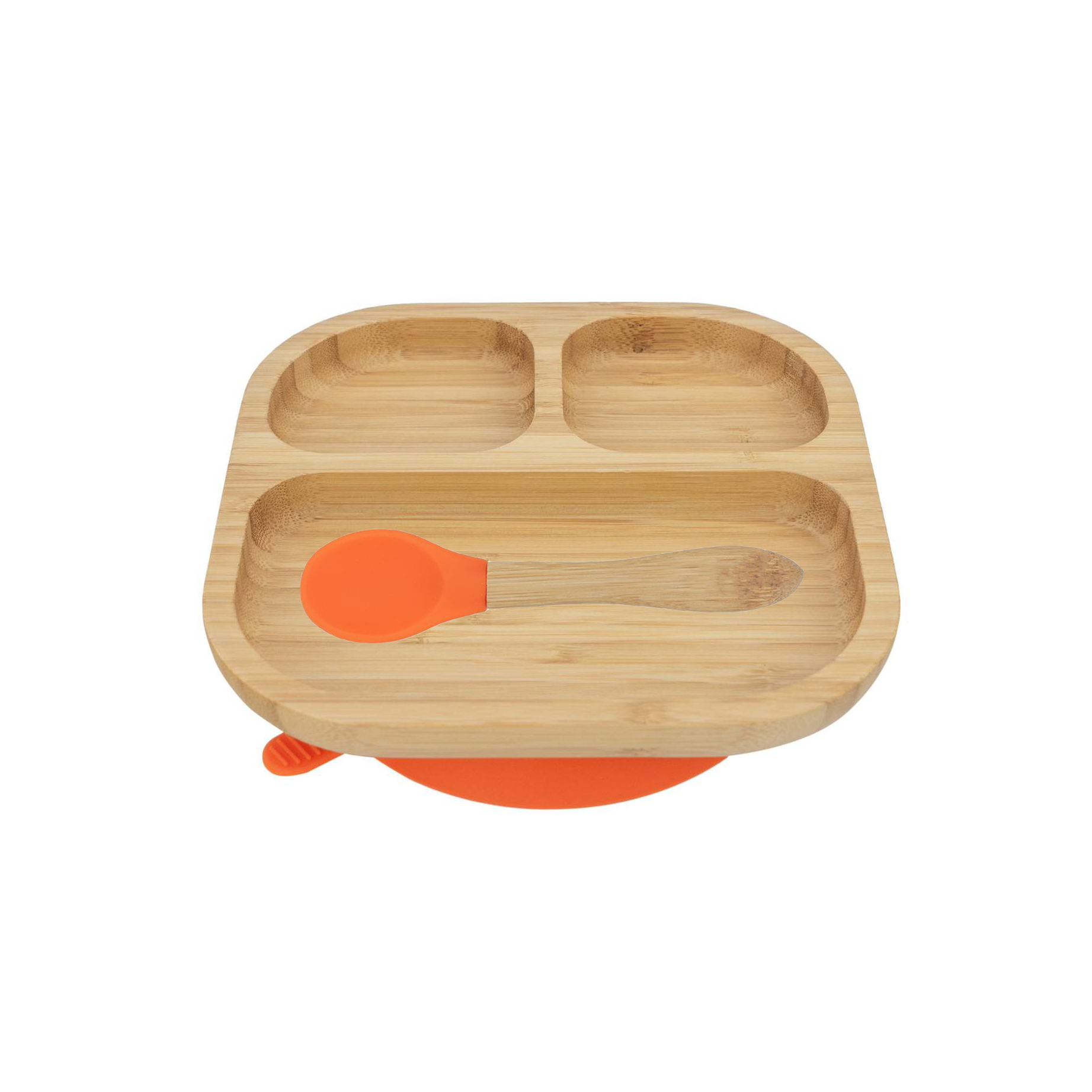 Personalised Wooden Tiny Dining Bamboo Plate with suction cup and Spoon - Orange - By Babba Box | Babba box.