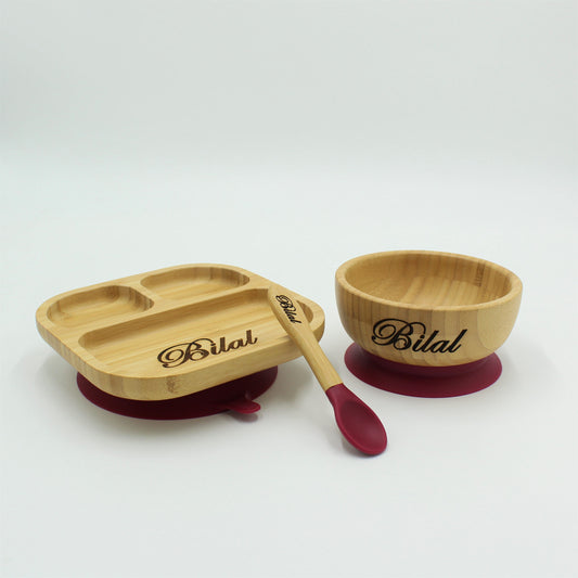 Personalised Wooden Tiny Dining Bamboo Plate, Bowl, and Spoon Set - Majenta Red | Babba box.