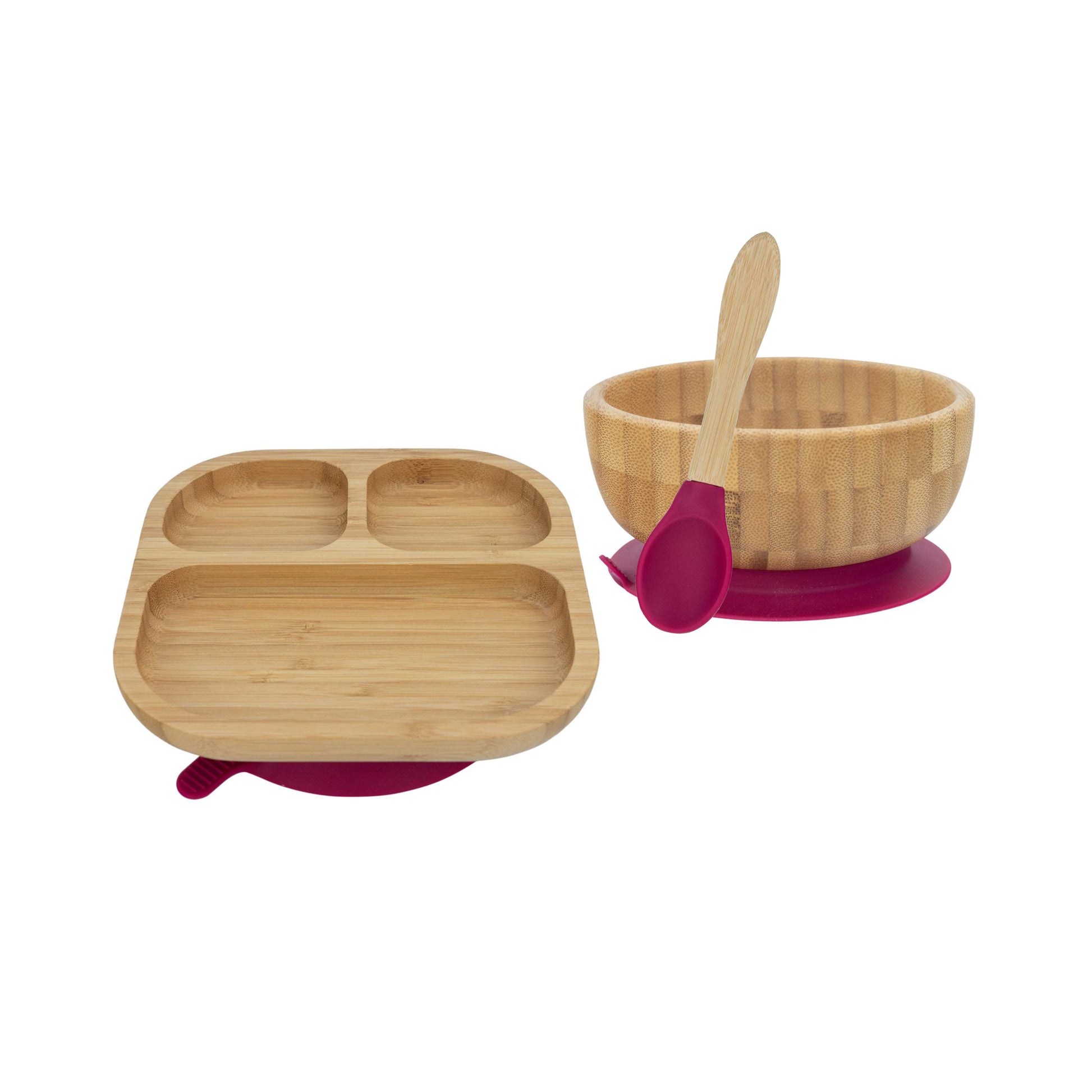 Personalised Wooden Tiny Dining Bamboo Plate, Bowl, and Spoon Set - Majenta Red | Babba box.