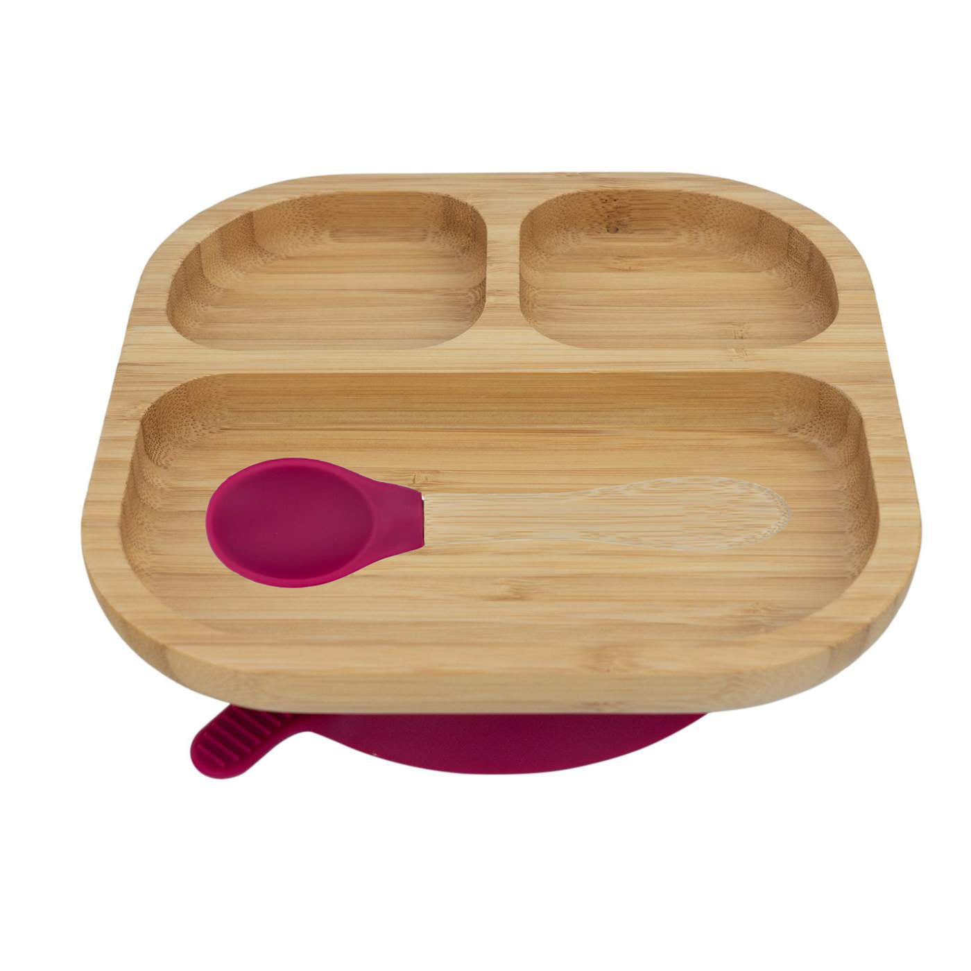 Personalised Wooden Tiny Dining Bamboo Plate with suction cup and Spoon - Majenta Red - By Babba Box | Babba box.