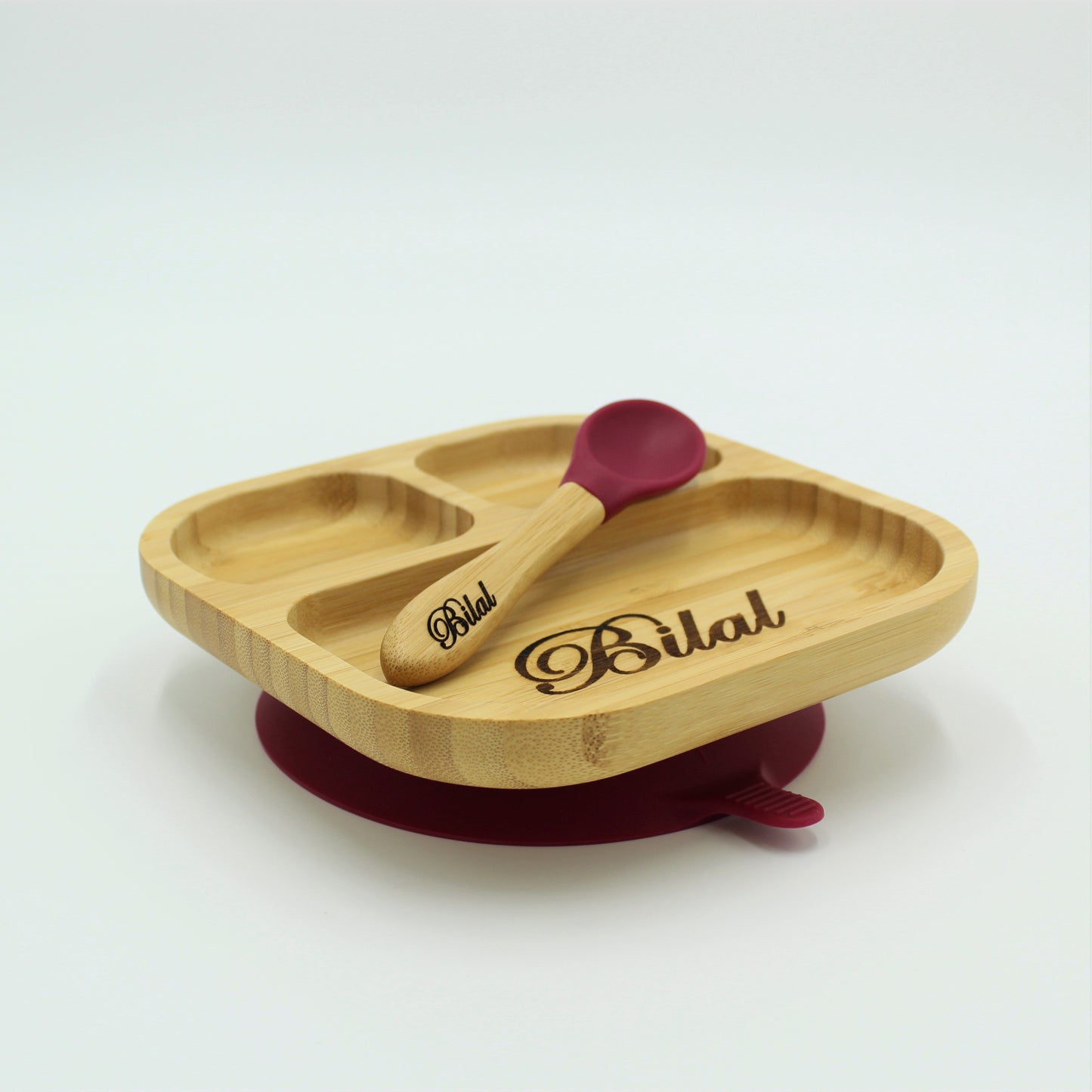 Personalised Wooden Tiny Dining Bamboo Plate with suction cup and Spoon - Majenta Red - By Babba Box | Babba box.