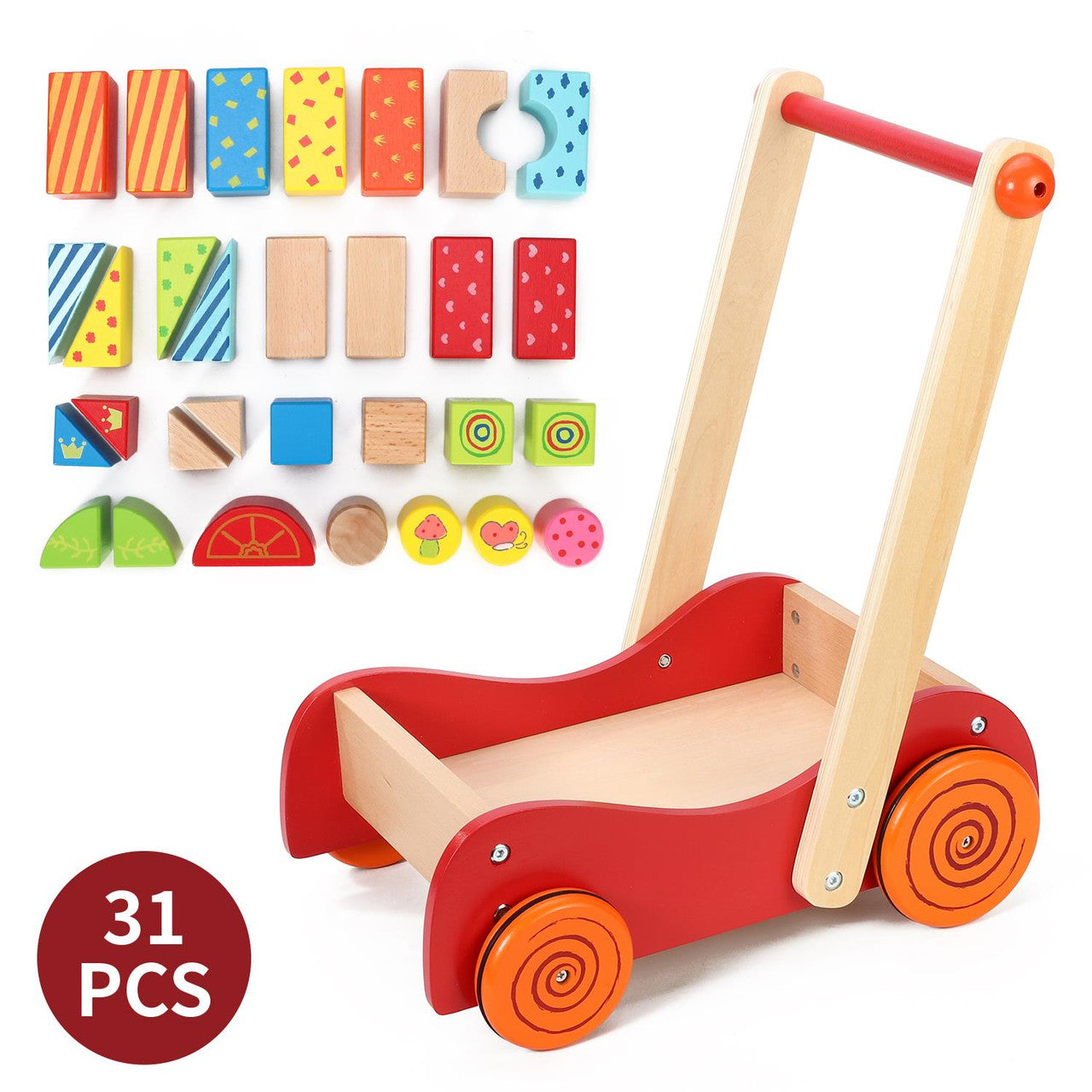 Personalised Wooden Baby Walkie Walkie Walker With Wooden Building Blocks For Toddlers - Babba box