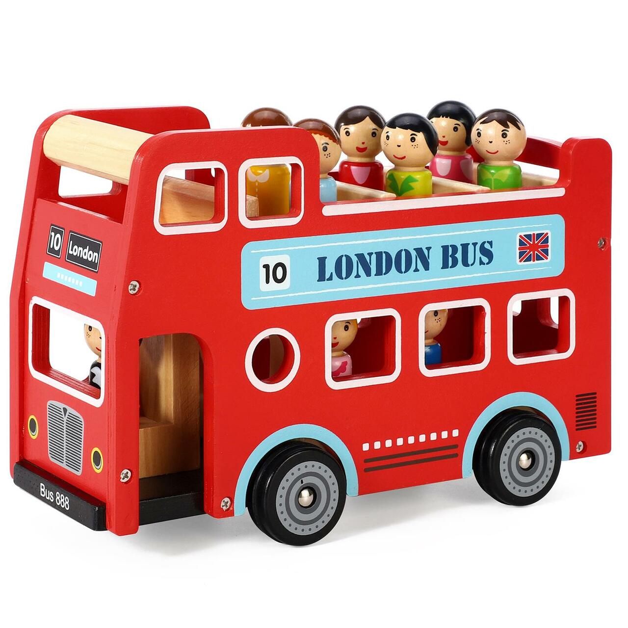 Personalised Wooden Original Double Decker Red Classic London Sightseeing Bus with Driver & Passenger Figurines | Babba box.