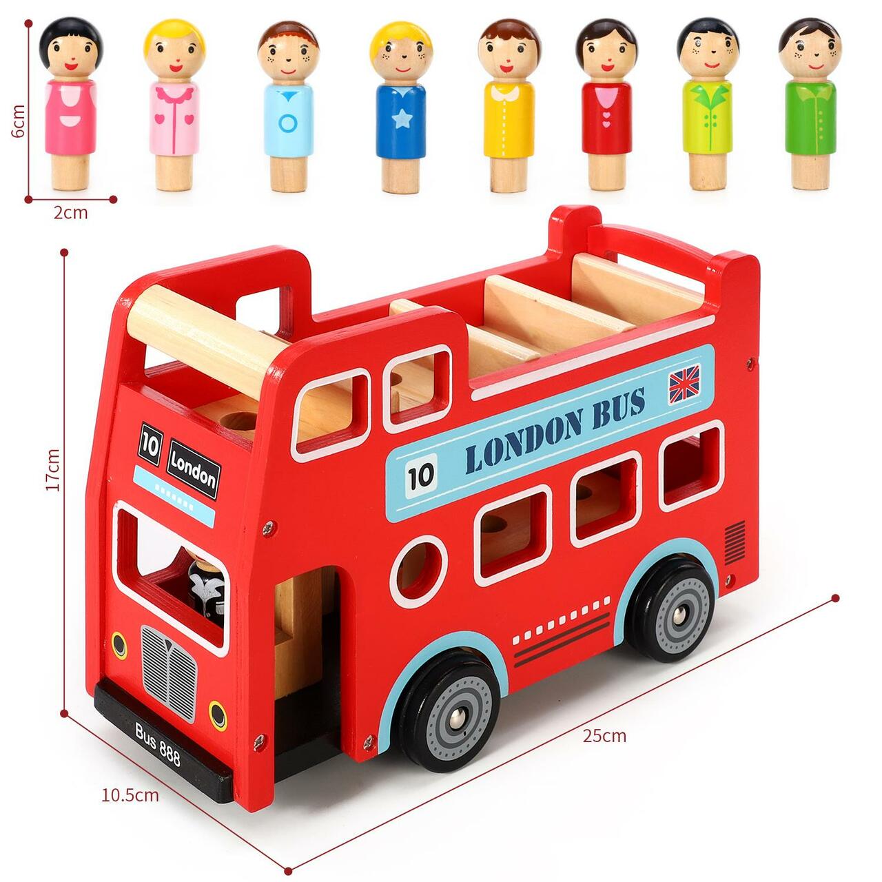 Personalised Wooden Original Double Decker Red Classic London Sightseeing Bus with Driver & Passenger Figurines | Babba box.