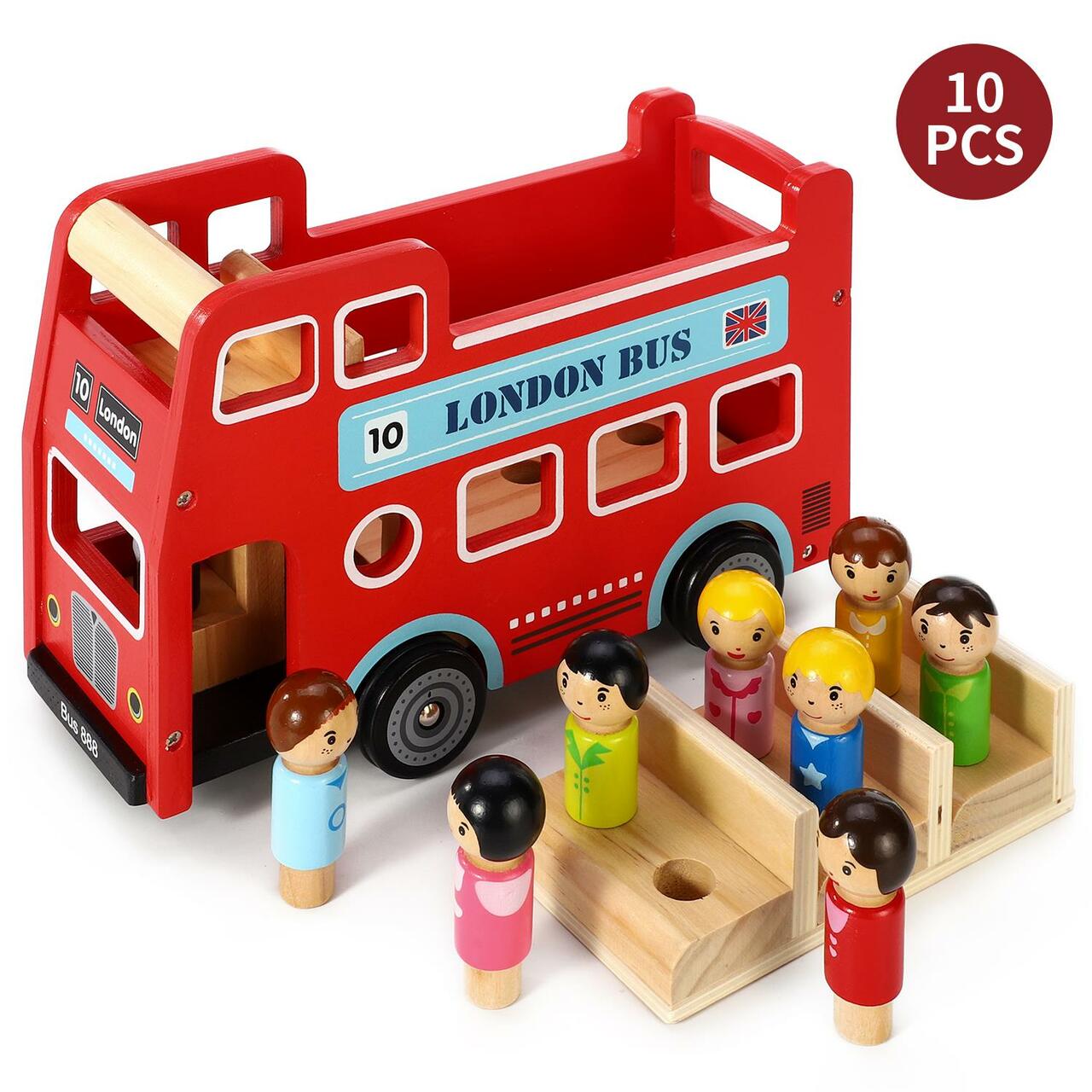 Personalised Wooden Original Double Decker Red Classic London Sightseeing Bus with Driver & Passenger Figurines | Babba box.