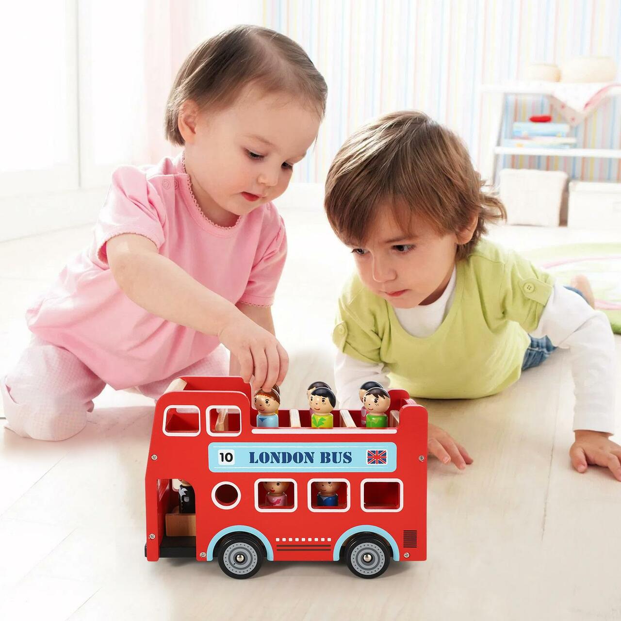 Personalised Wooden Original Double Decker Red Classic London Sightseeing Bus with Driver & Passenger Figurines | Babba box.