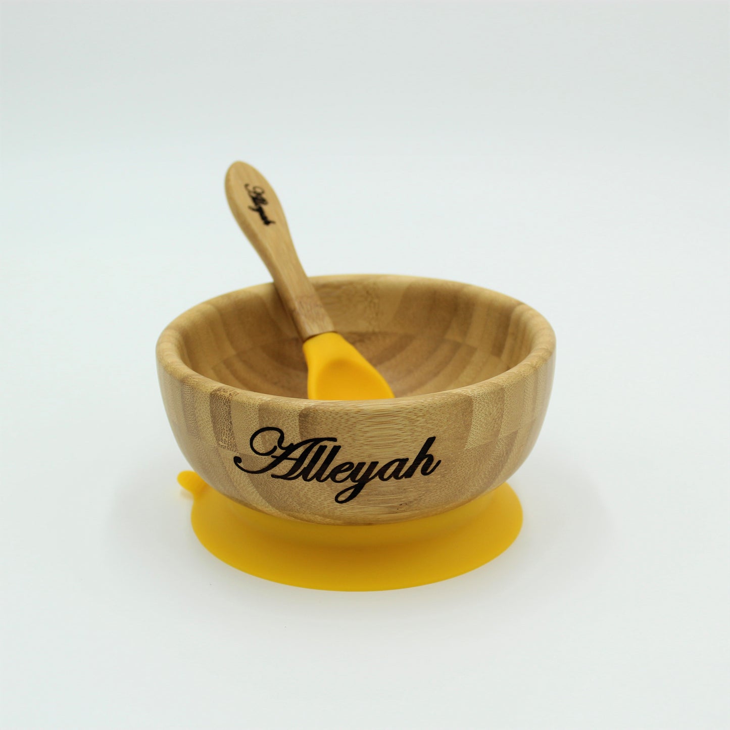 Personalised Wooden Tiny Dining  Bamboo Bowl with suction cup and Spoon - Yellow - By Babba Box | Babba box.