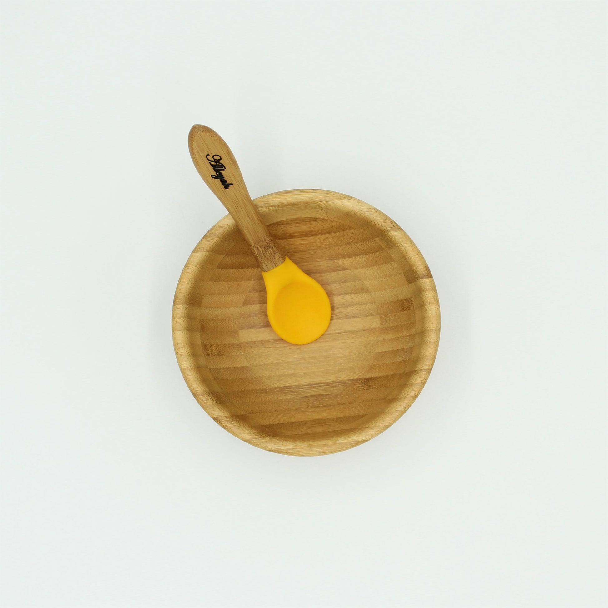 Personalised Wooden Tiny Dining  Bamboo Bowl with suction cup and Spoon - Yellow - By Babba Box | Babba box.